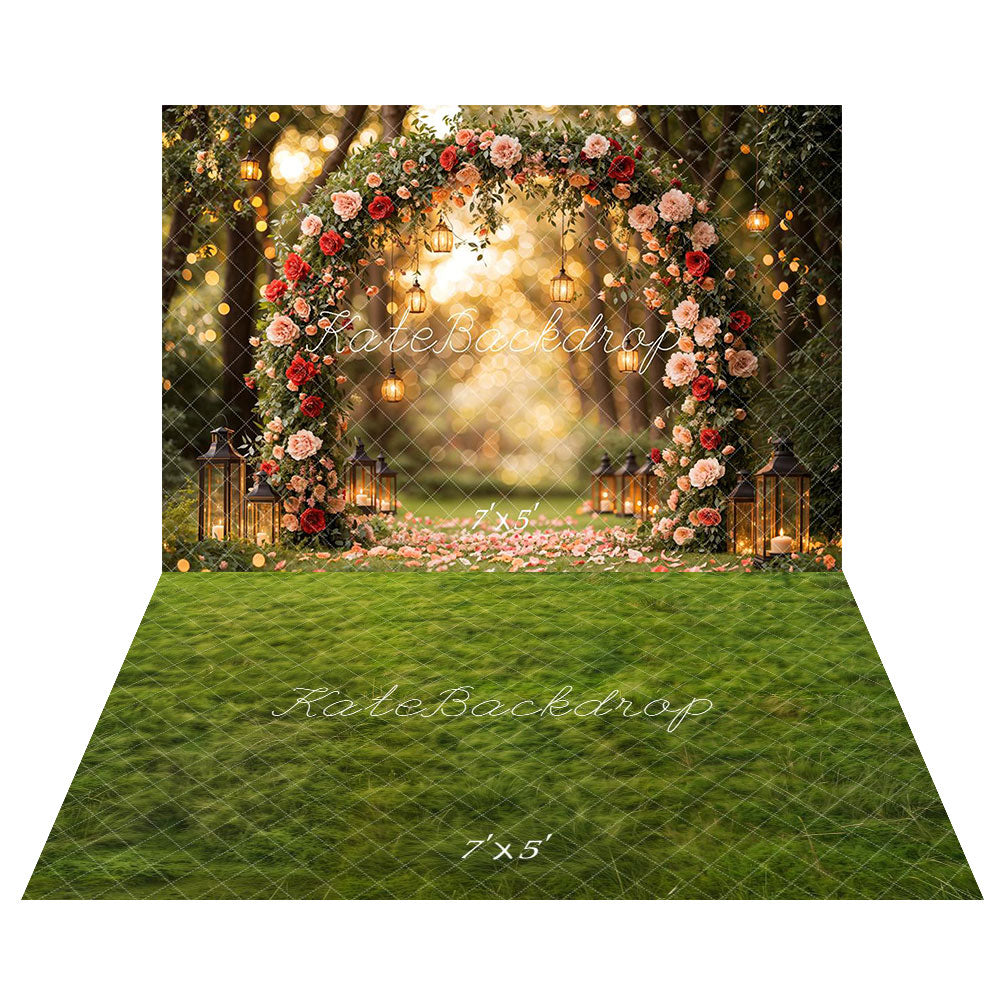 Kate Valentine Flower Arch Bokeh Backdrop+Spring Grass Floor Backdrop