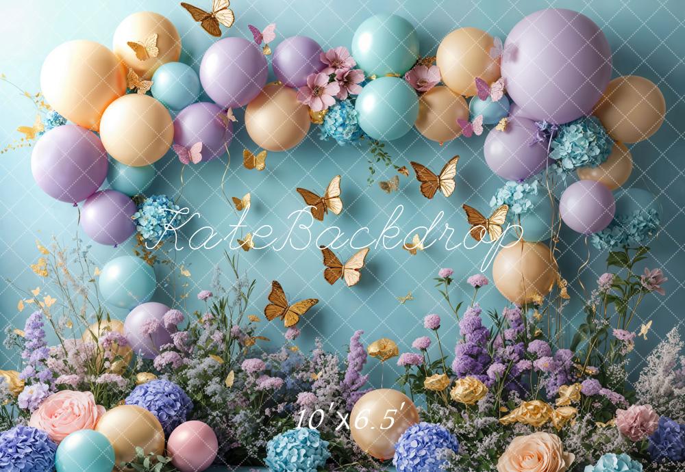 Kate Blue Hydrangea Gold Butterfly Birthday Backdrop Designed by Emetselch