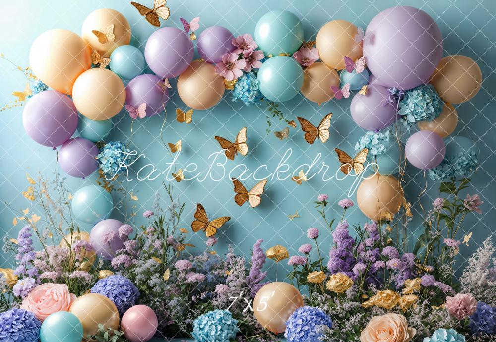 Kate Blue Hydrangea Gold Butterfly Birthday Backdrop Designed by Emetselch