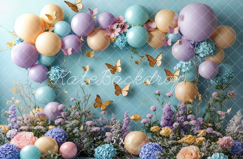 Kate Blue Hydrangea Gold Butterfly Birthday Backdrop Designed by Emetselch - Kate Backdrop AU