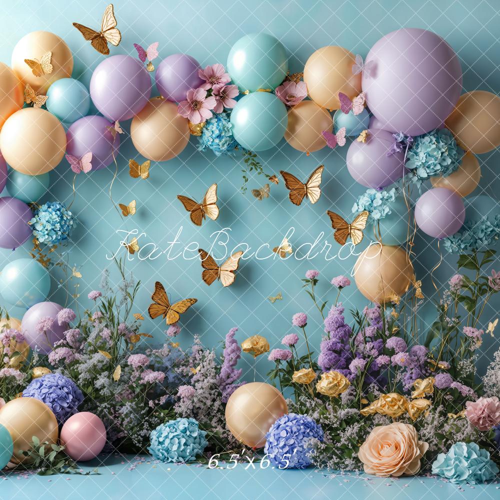 Kate Blue Hydrangea Gold Butterfly Birthday Backdrop Designed by Emetselch - Kate Backdrop AU