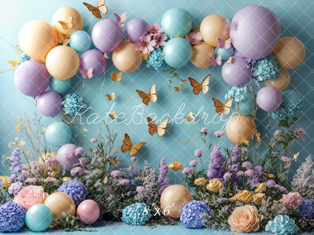 Kate Blue Hydrangea Gold Butterfly Birthday Backdrop Designed by Emetselch - Kate Backdrop AU