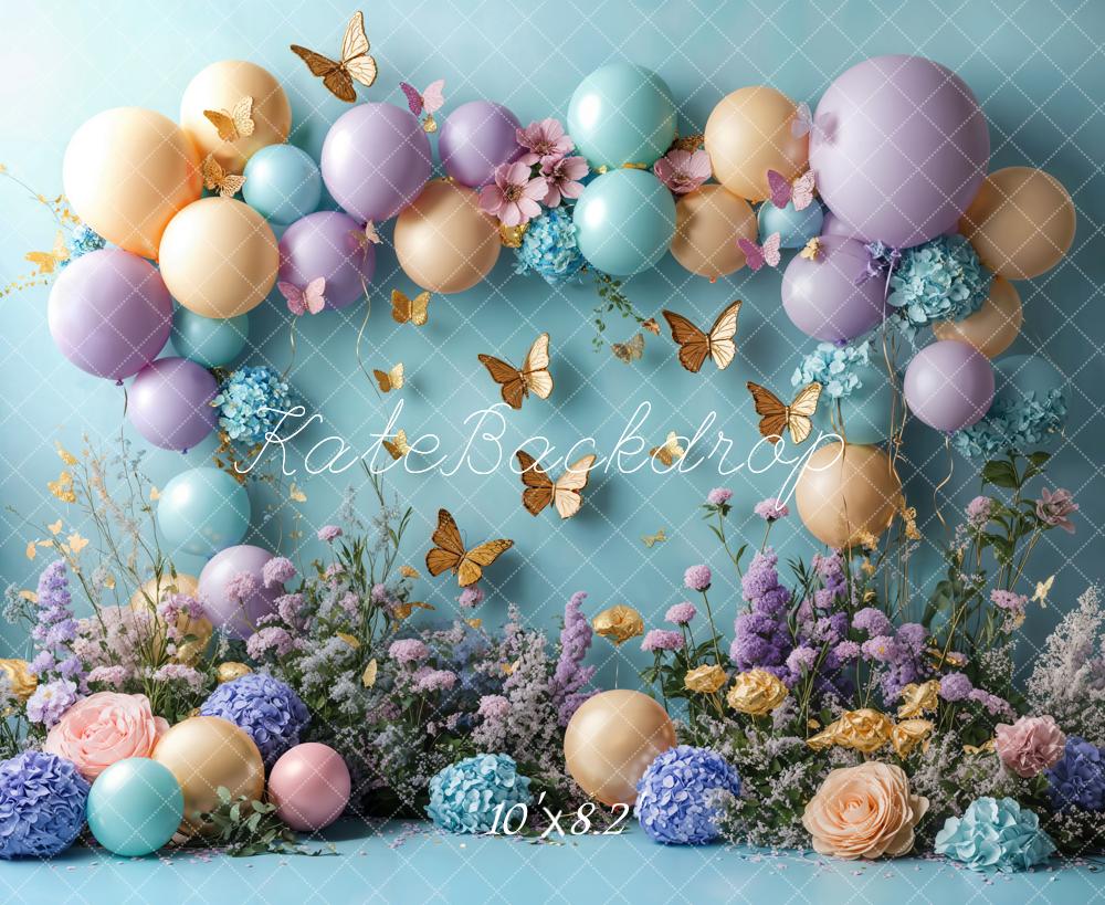 Kate Blue Hydrangea Gold Butterfly Birthday Backdrop Designed by Emetselch - Kate Backdrop AU