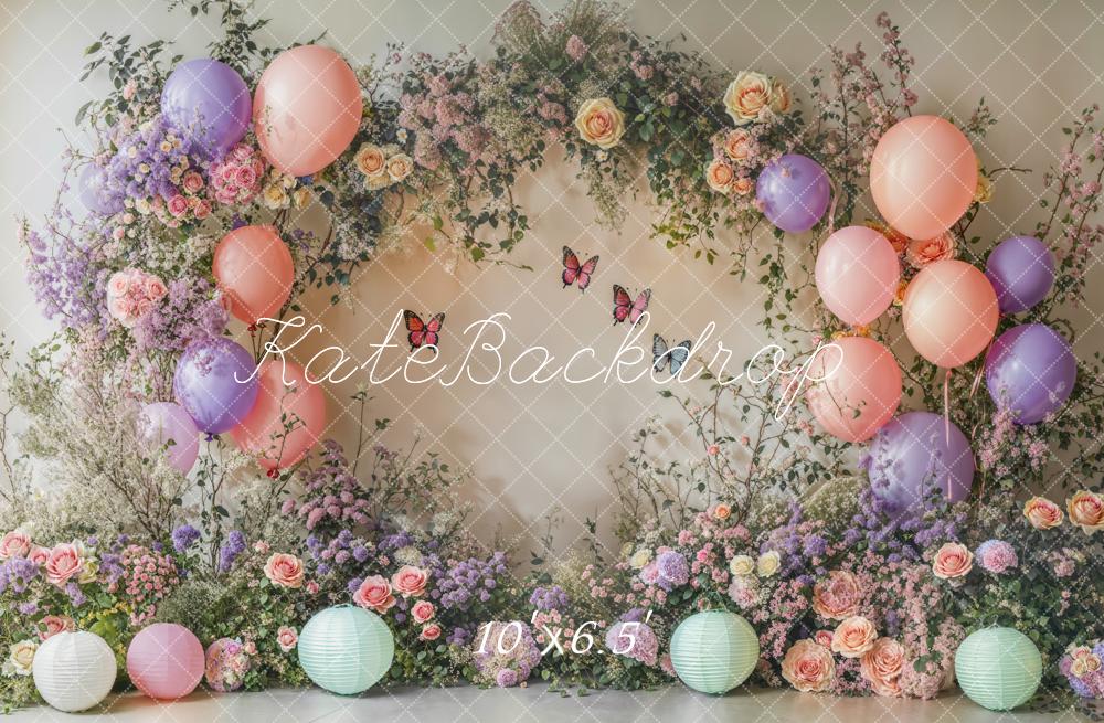 Kate Spring Cake Smash Backdrop Flower Arch Balloon Butterfly Designed by Emetselch - Kate Backdrop AU