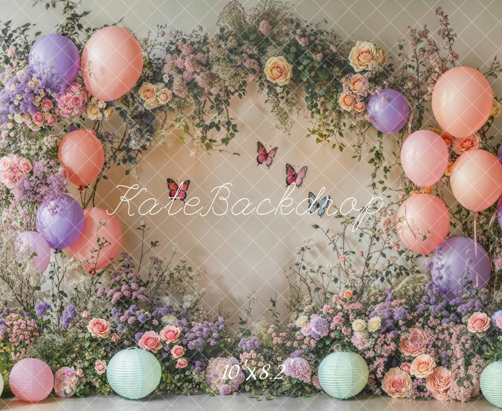 Kate Spring Cake Smash Backdrop Flower Arch Balloon Butterfly Designed by Emetselch - Kate Backdrop AU