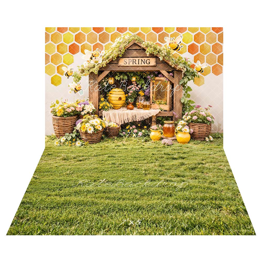 Kate Spring Bee Honeycomb Floral Backdrop+Green Grass Backdrop