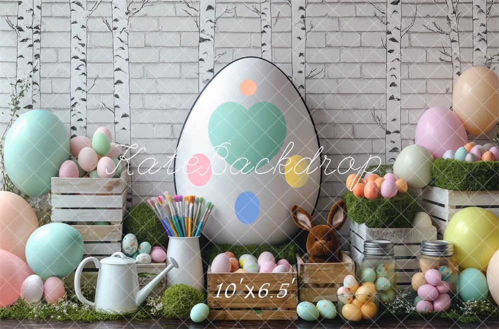 Kate Easter Egg Painting Backdrop White Brick Wall Designed by Mini MakeBelieve