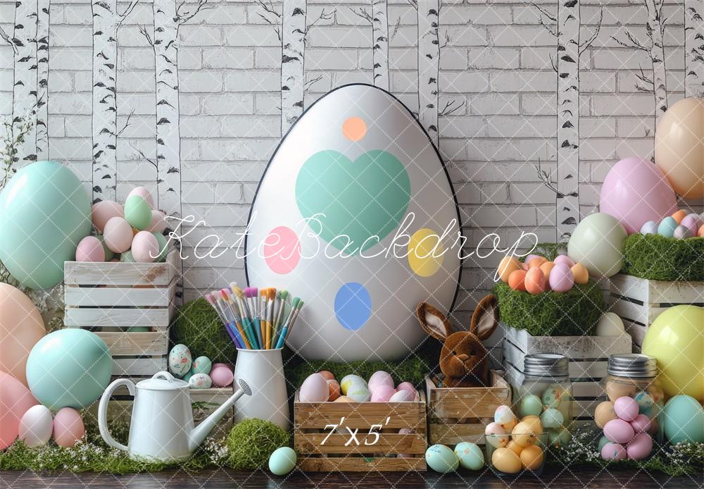 Kate Easter Egg Painting Backdrop White Brick Wall Designed by Mini MakeBelieve