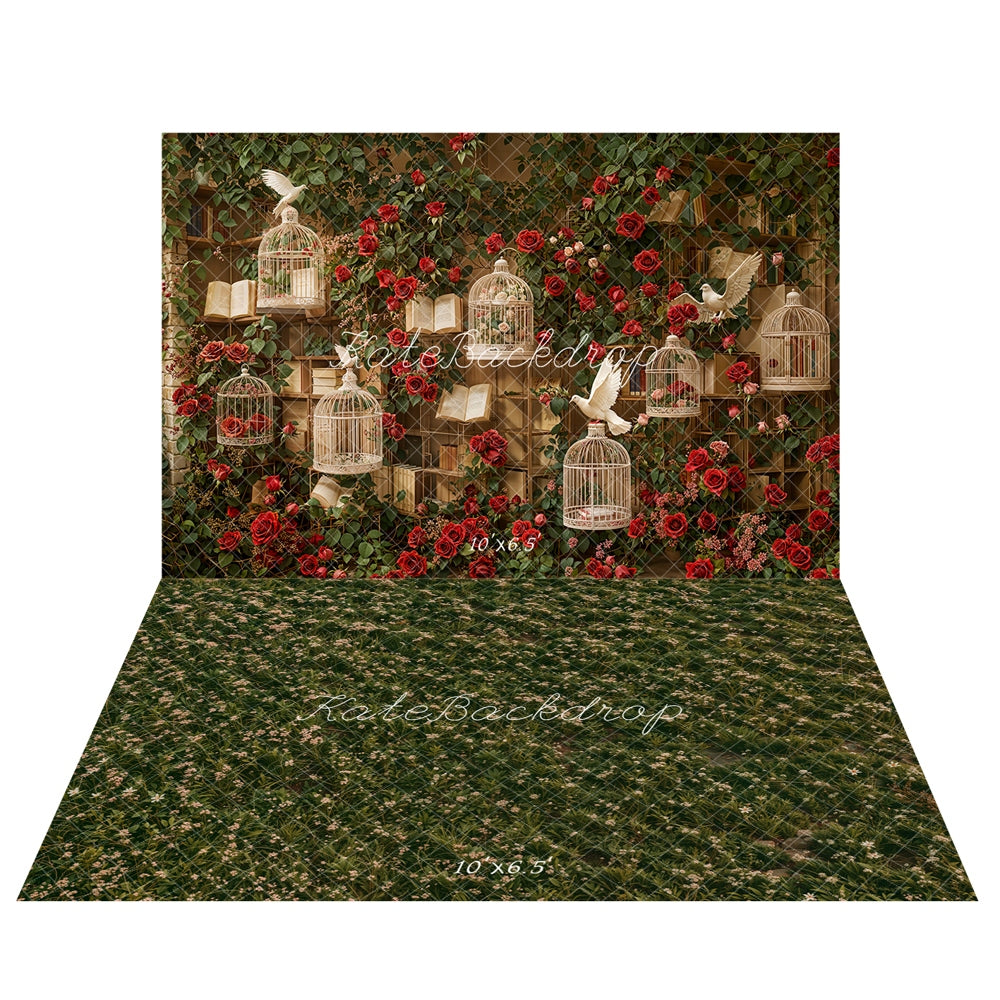 Kate Valentine Roses Birdcage Backdrop+Spring Green Floral Meadow Floor Backdrop