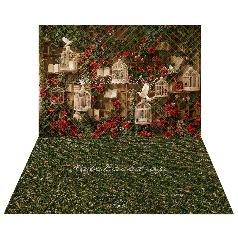 Kate Valentine Roses Birdcage Backdrop+Spring Green Floral Meadow Floor Backdrop