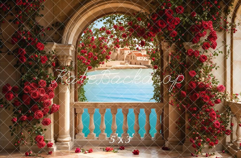 Kate Valentine Roses Arch Balcony Lake Backdrop Designed by Emetselch - Kate Backdrop AU