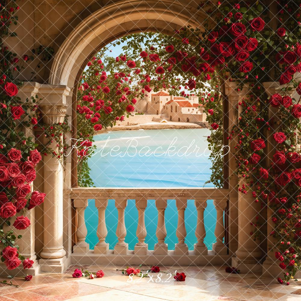 Kate Valentine Roses Arch Balcony Lake Backdrop Designed by Emetselch - Kate Backdrop AU