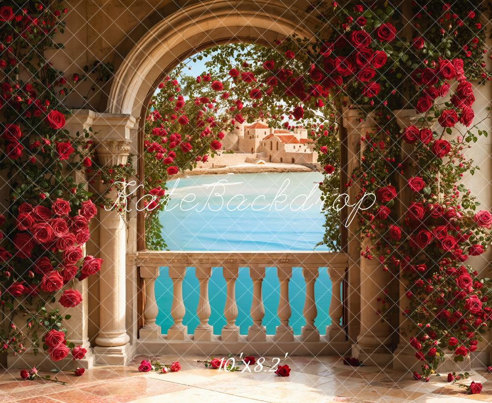 Kate Valentine Roses Arch Balcony Lake Backdrop Designed by Emetselch - Kate Backdrop AU