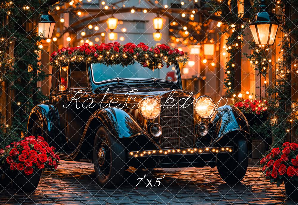 Kate Valentine Vintage Car Roses Lights Backdrop Designed by Emetselch - Kate Backdrop AU