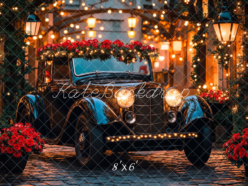 Kate Valentine Vintage Car Roses Lights Backdrop Designed by Emetselch - Kate Backdrop AU
