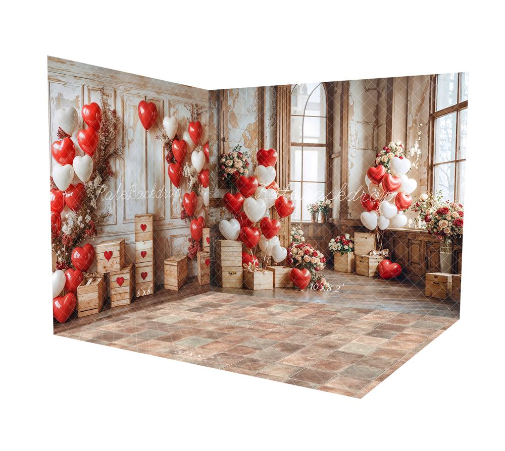Kate Valentine Heart Balloons Wooden Vintage Room Set(8ftx8ft&10ftx8ft&8ftx10ft) - Kate Backdrop AU