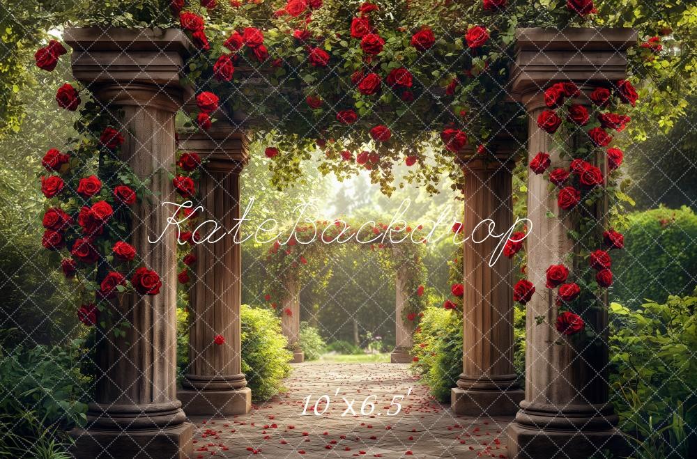 Kate Romantic Garden Arch Red Roses Sunlit Pathway Backdrop Designed by Patty Roberts - Kate Backdrop AU
