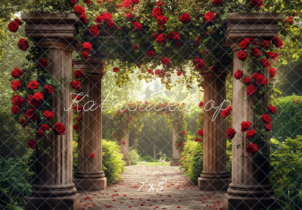 Kate Romantic Garden Arch Red Roses Sunlit Pathway Backdrop Designed by Patty Roberts - Kate Backdrop AU