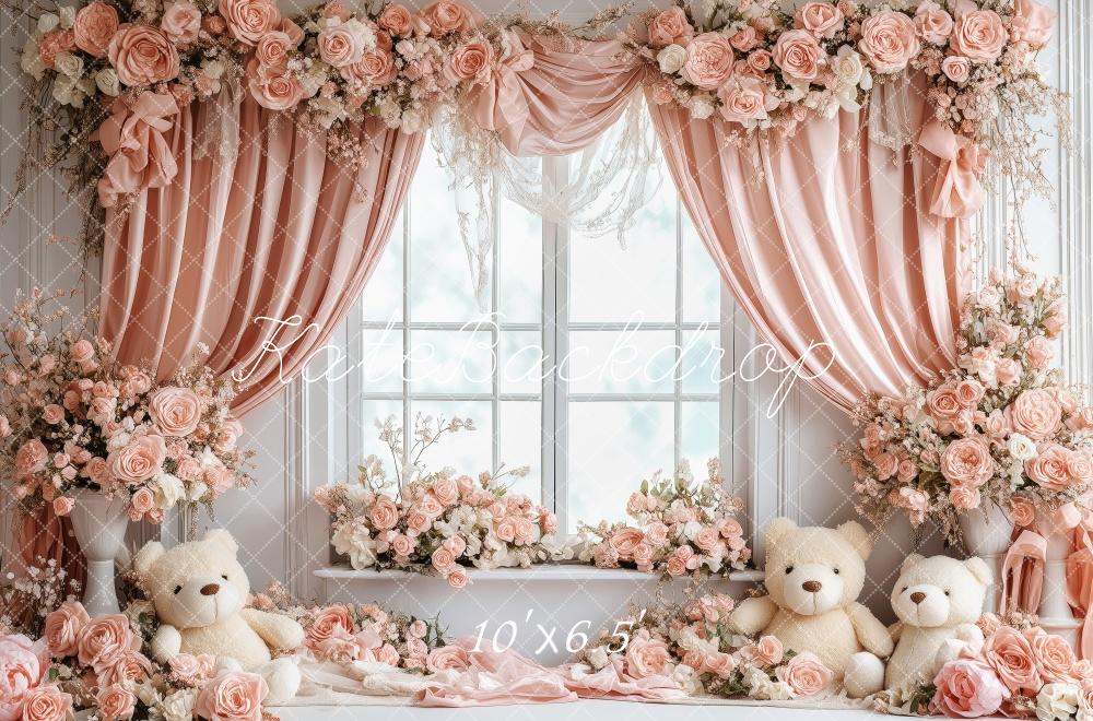 Kate Valentine Nursery Bears Pink Roses Backdrop Designed by Patty Roberts - Kate Backdrop AU