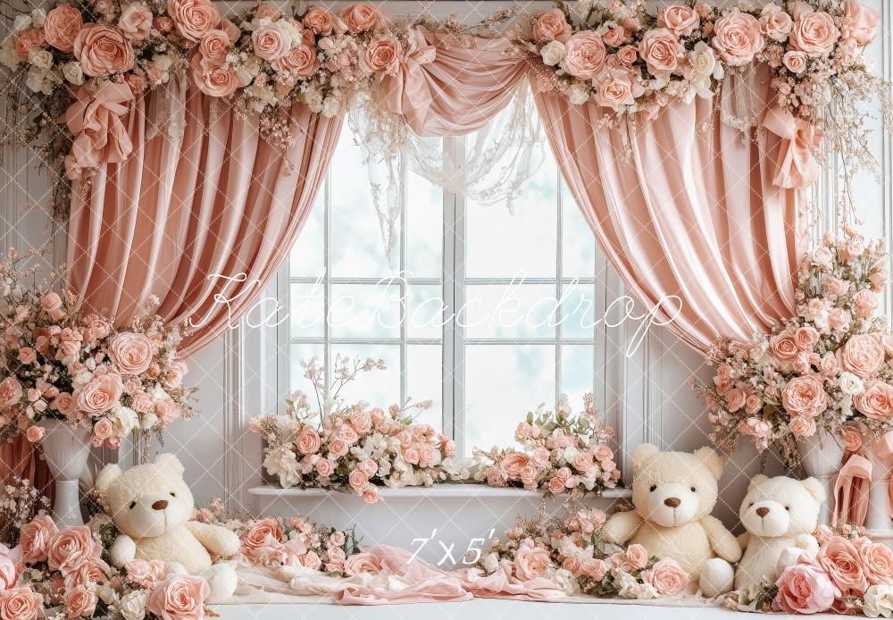 Kate Valentine Nursery Bears Pink Roses Backdrop Designed by Patty Roberts - Kate Backdrop AU