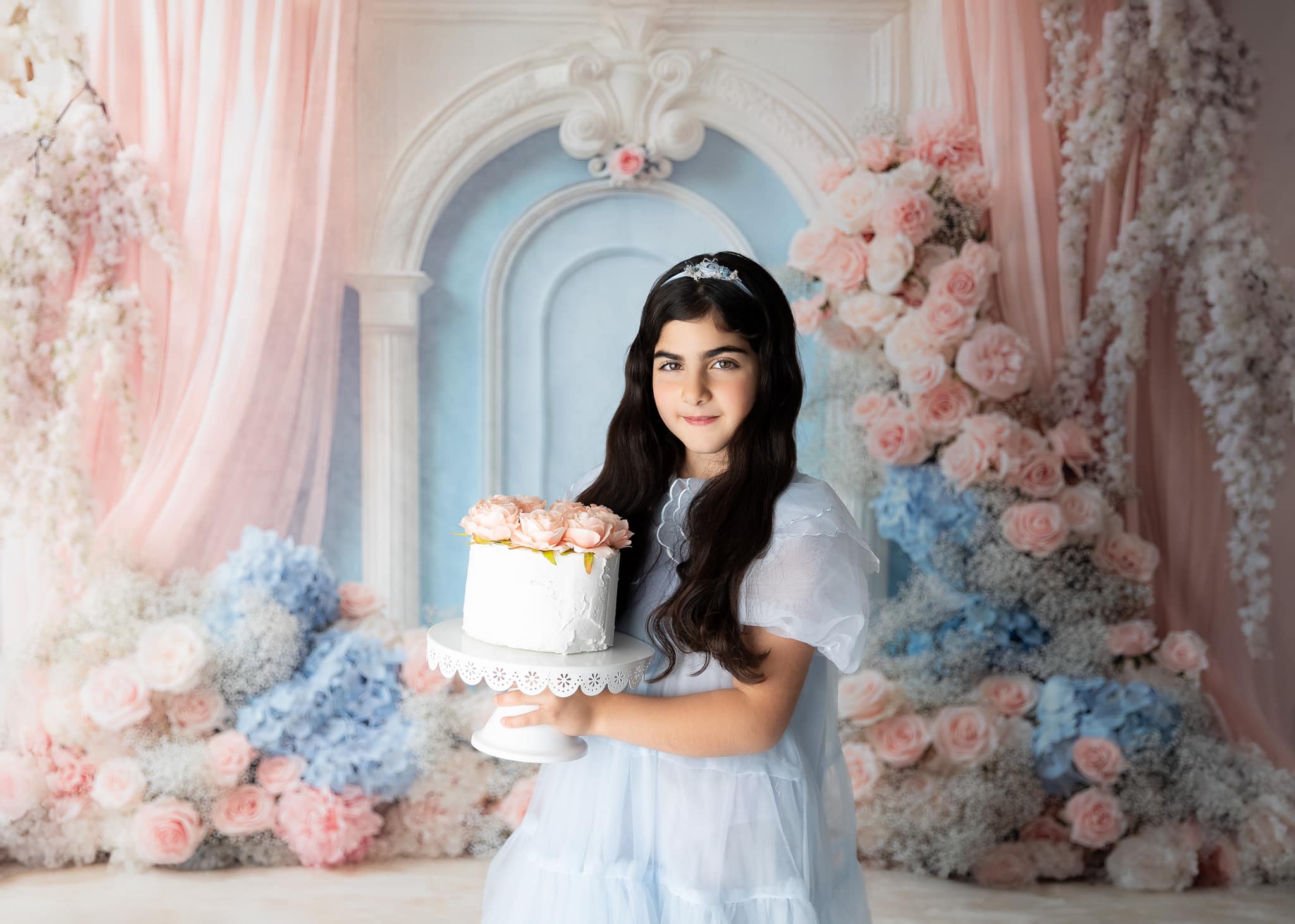 Kate Dreamy Floral Arch Pink Blue Backdrop Designed by Mini MakeBelieve
