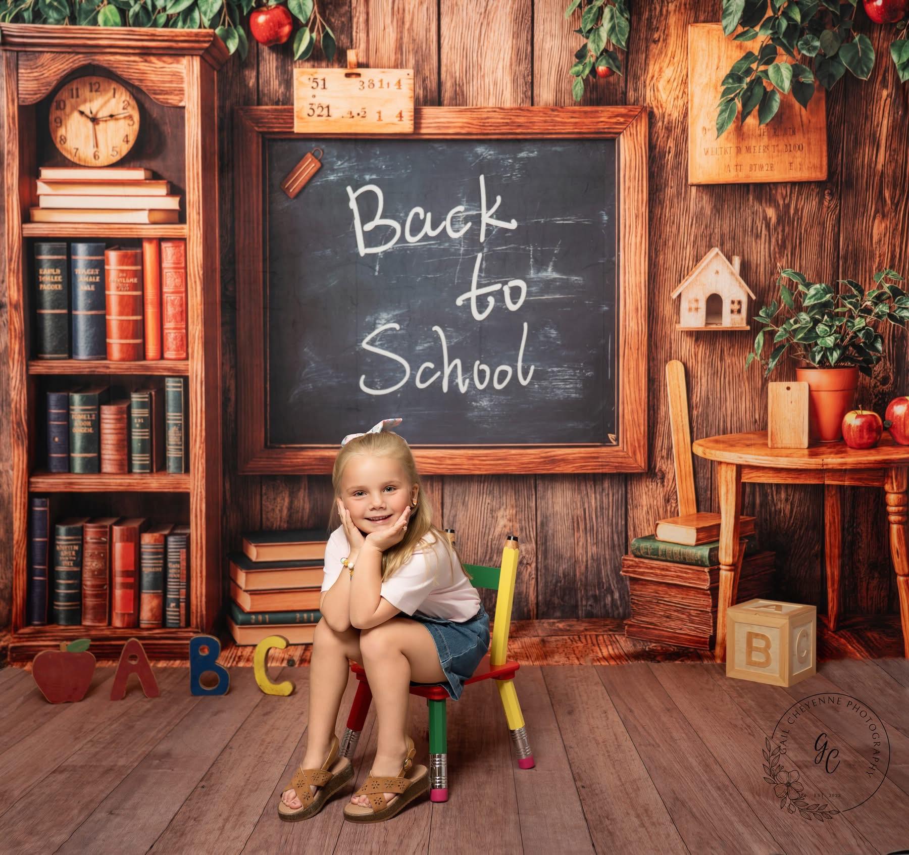 Kate Back to School Blackboard Books Apple Wood Backdrop Designed by Emetselch