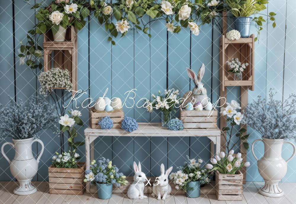 Kate Blue Wooden Easter Bunny Backdrop Designed by Emetselch