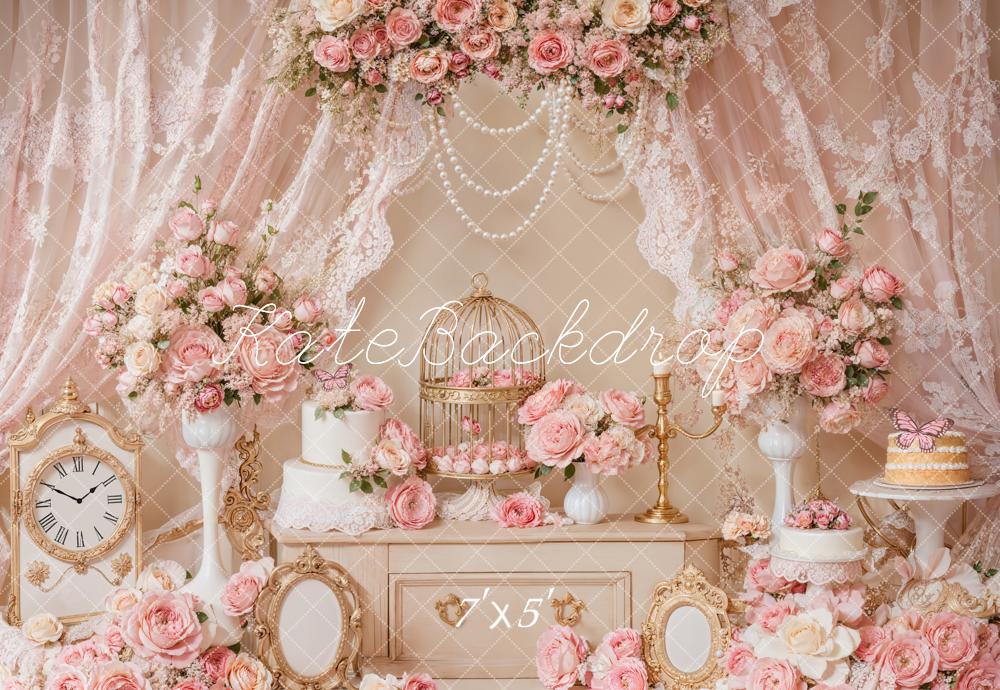 Kate Elegant Pink Floral Lace Birdcage Backdrop Designed by Emetselch