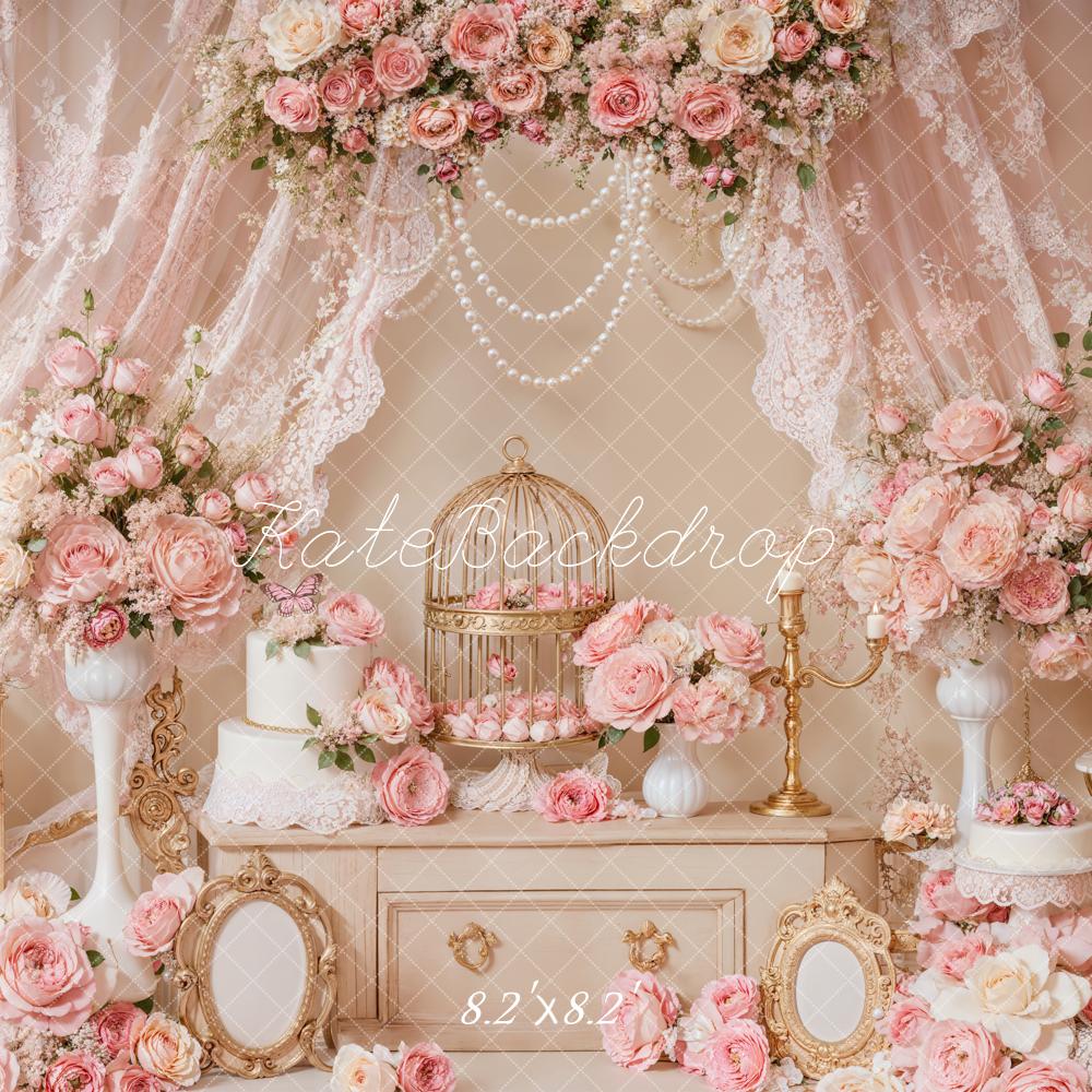 Kate Elegant Pink Floral Lace Birdcage Backdrop Designed by Emetselch