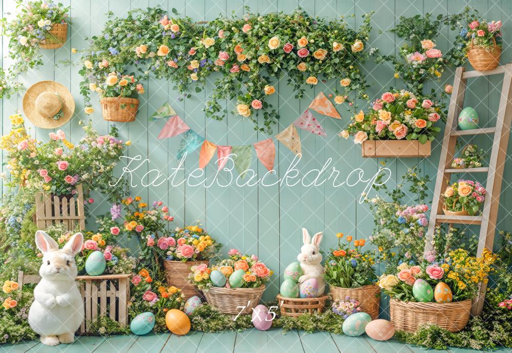 Kate Easter Bunny Floral Eggs Garden Green Backdrop Designed by Emetselch