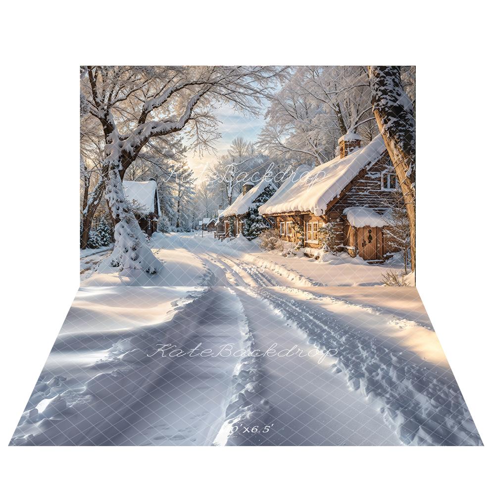 Kate Snow Village Backdrop+Winter Snow Floor Backdrop for Photography