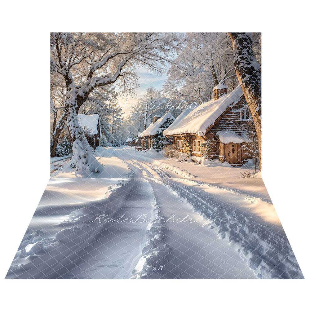 Kate Snow Village Backdrop+Winter Snow Floor Backdrop for Photography