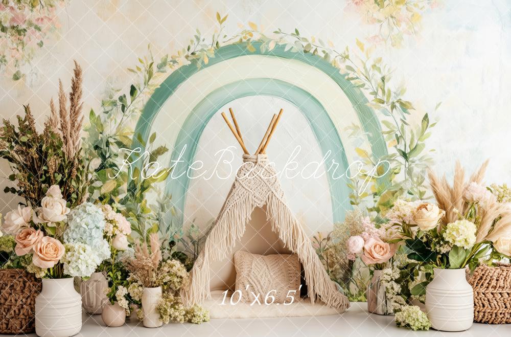 Kate Boho Sage Teepee Setup Backdrop Designed by Patty Roberts