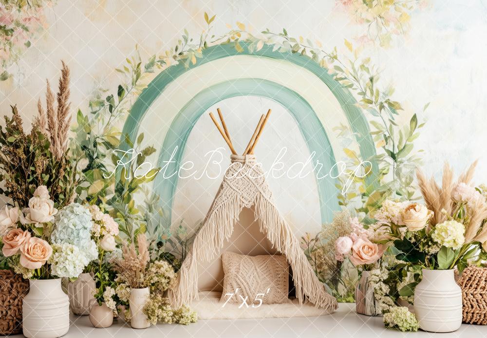 Kate Boho Sage Teepee Setup Backdrop Designed by Patty Roberts