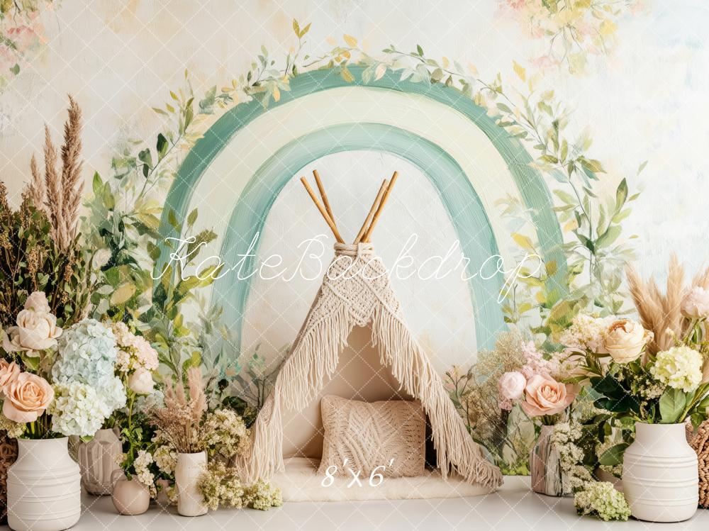 Kate Boho Sage Teepee Setup Backdrop Designed by Patty Roberts