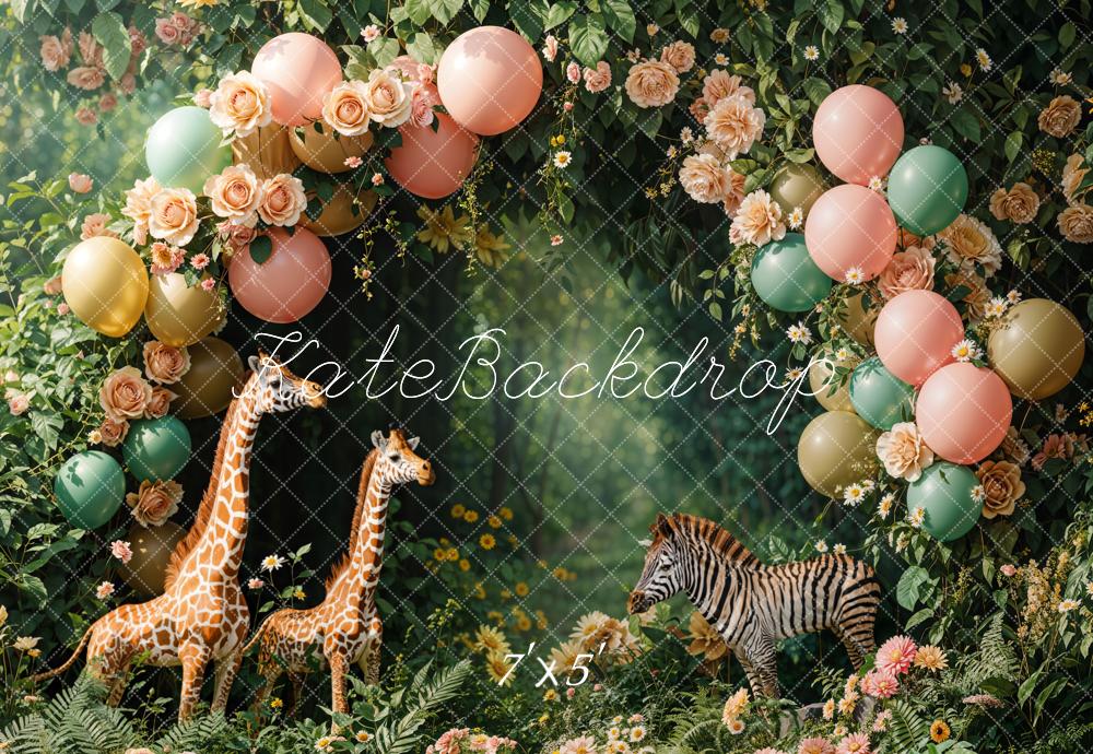 Kate Forest Balloon Giraffe Zebra Backdrop Designed by Emetselch - Kate Backdrop AU