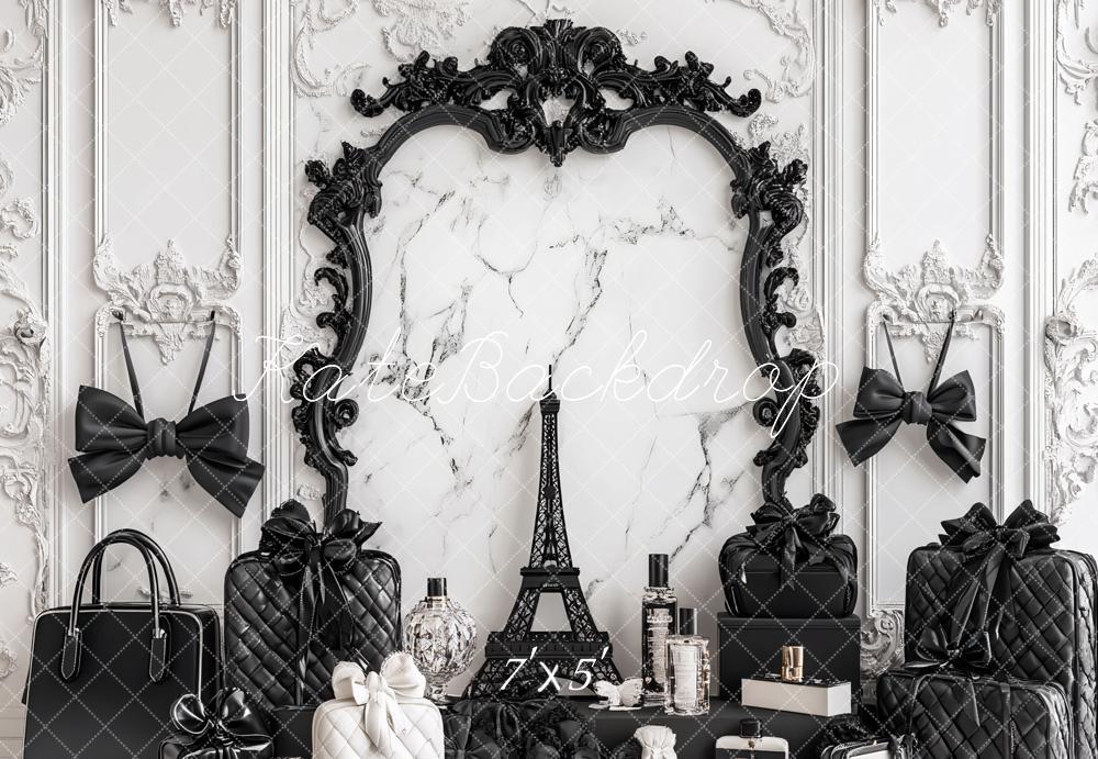 Kate Fashion Marble Black Cosmetic Case Bow Backdrop Designed by Ashley Paul - Kate Backdrop AU