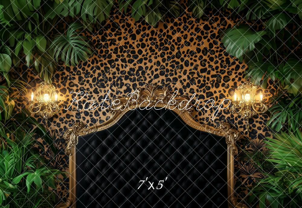 Kate Dark Headboard Backdrop Leopard Green Leaves Designed by Ashley Paul - Kate Backdrop AU