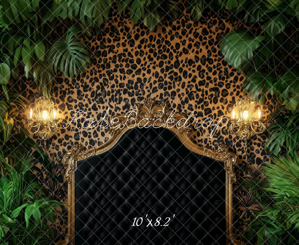 Kate Dark Headboard Backdrop Leopard Green Leaves Designed by Ashley Paul - Kate Backdrop AU