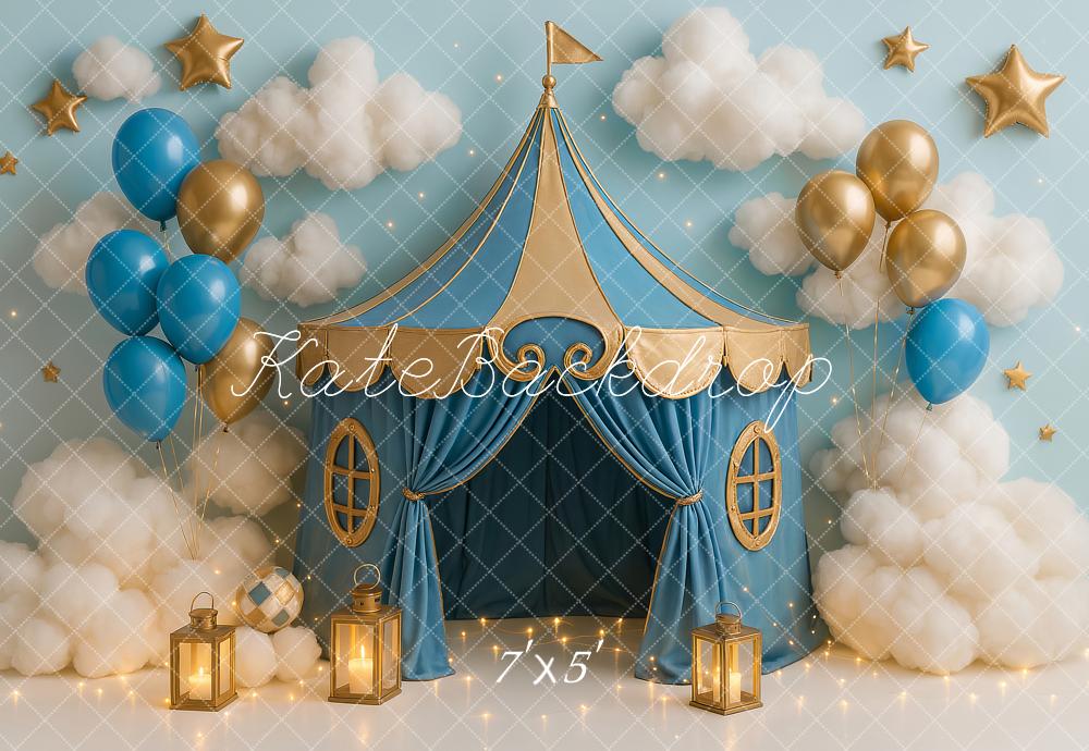 Kate Light Blue Gold Circus Backdrop Designed by Ashley Paul
