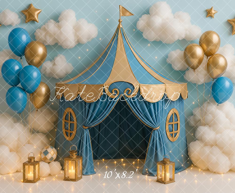 Kate Light Blue Gold Circus Backdrop Designed by Ashley Paul