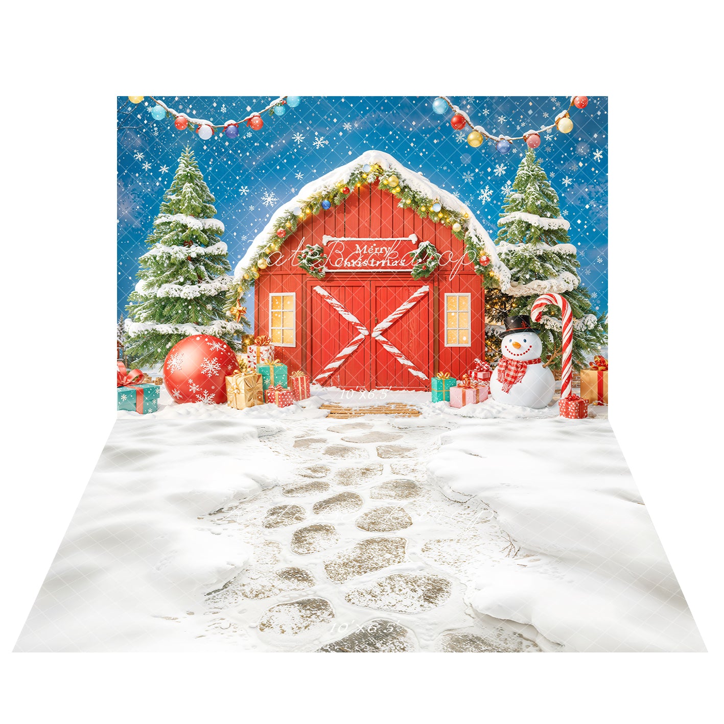 Kate Merry Christmas Red House Backdrop+Snow Floor Backdrop