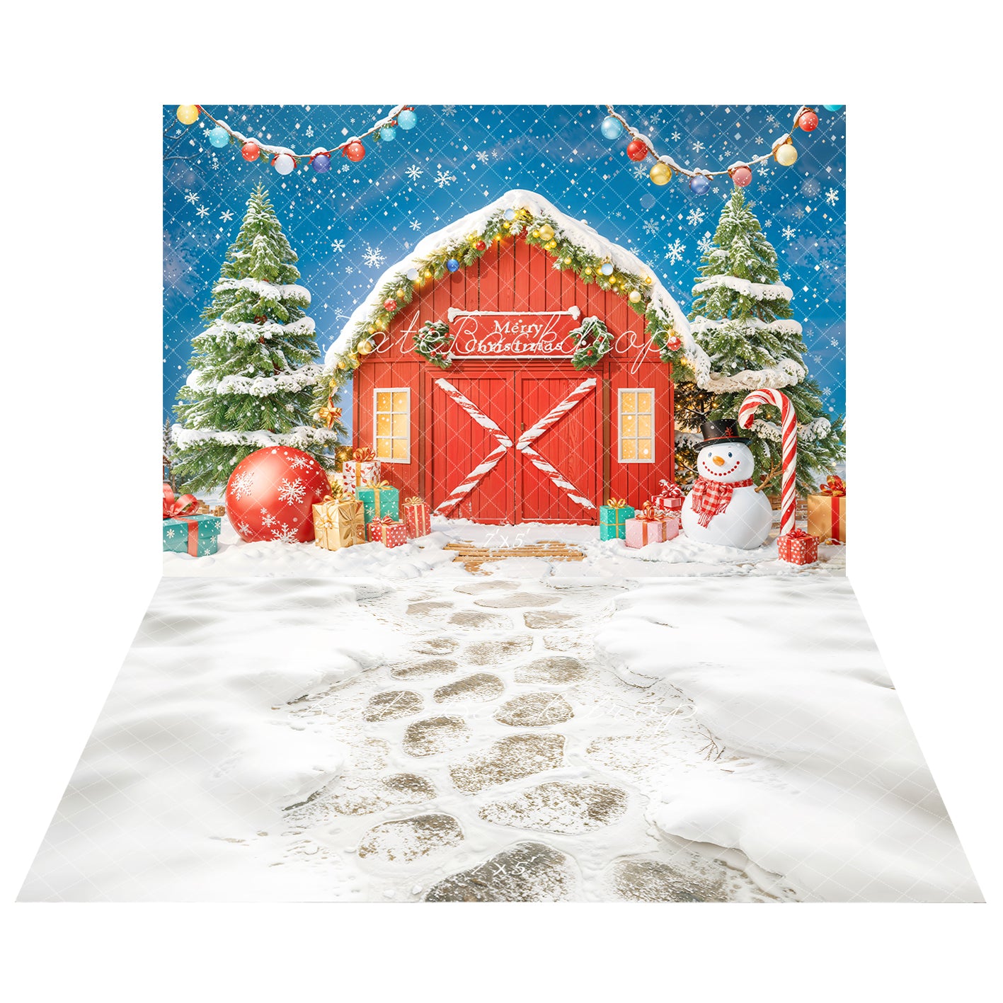 Kate Merry Christmas Red House Backdrop+Snow Floor Backdrop
