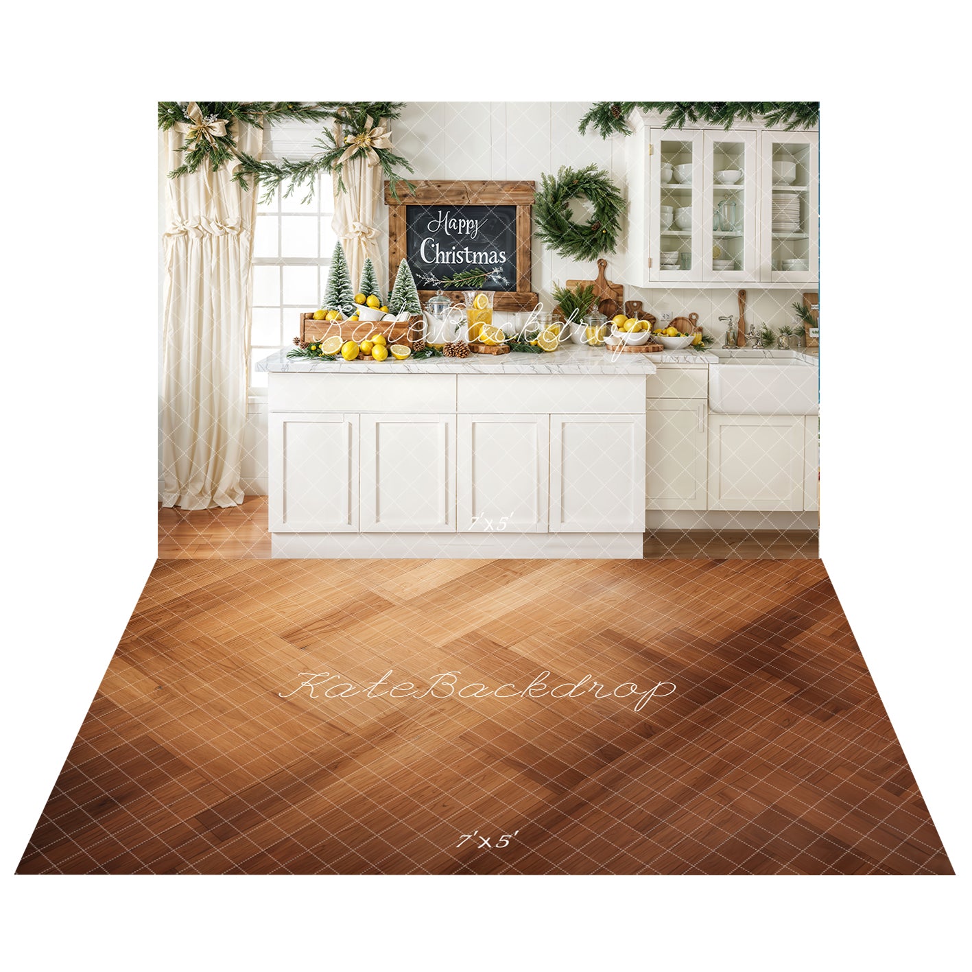 Kate Christmas Kitchen Lemons Backdrop+Wood Floor Backdrop
