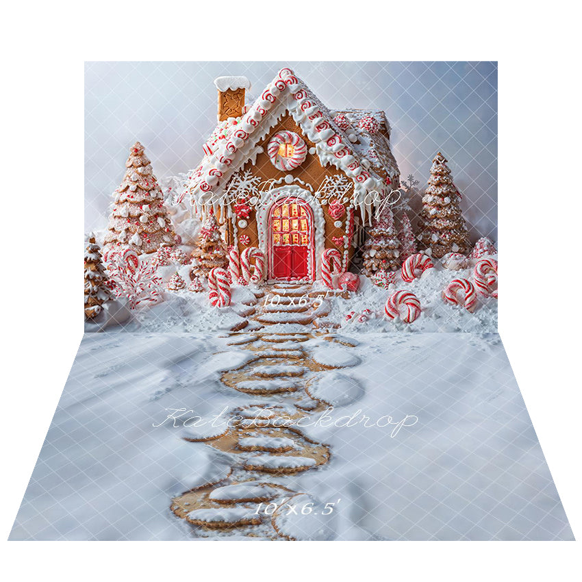 Kate Christmas Candy Gingerbread House Backdrop+Snow Floor Backdrop