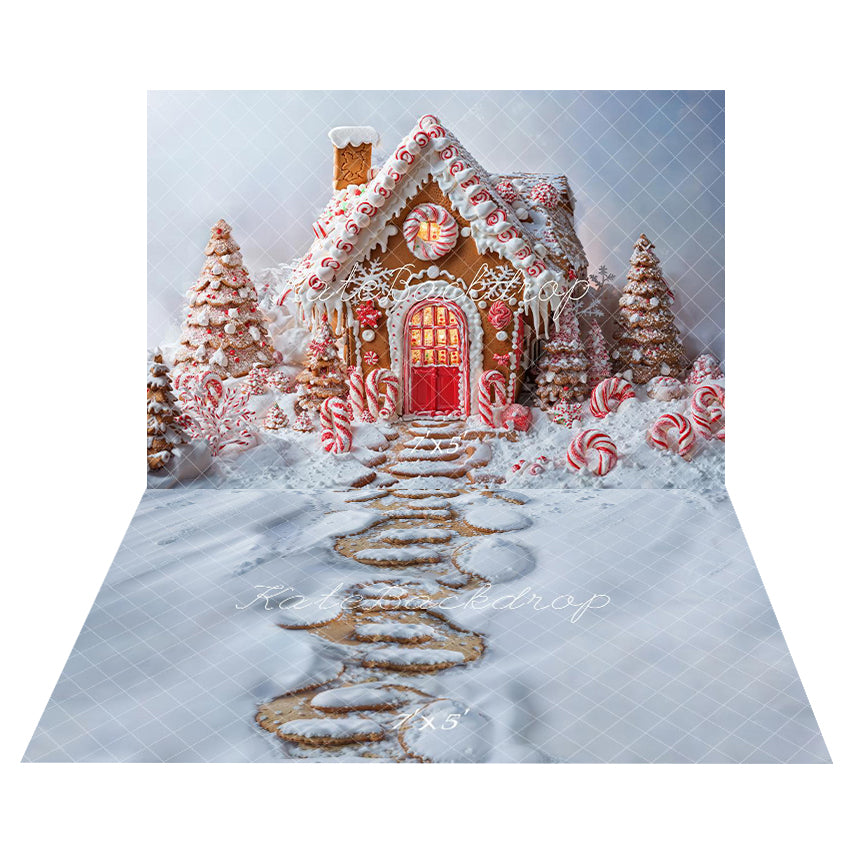 Kate Christmas Candy Gingerbread House Backdrop+Snow Floor Backdrop