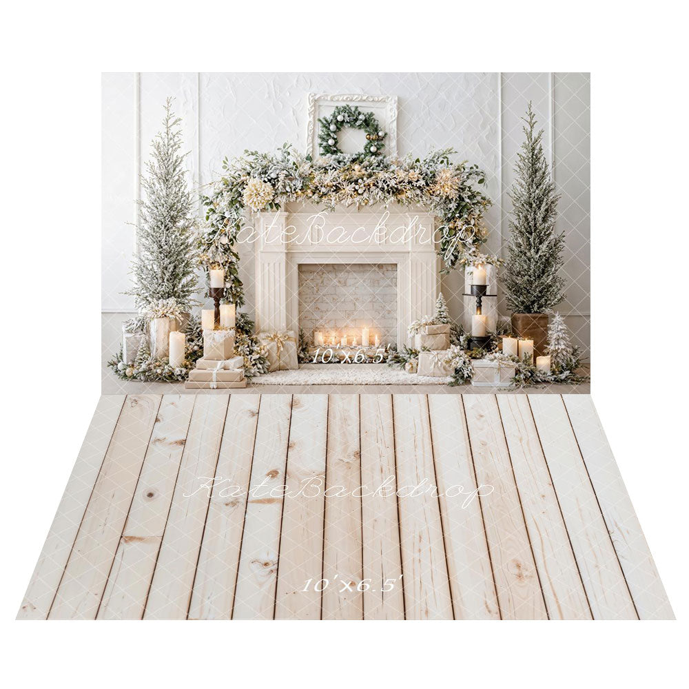 Kate Christmas Tree White Fireplace Backdrop+Wood Floor Backdrop