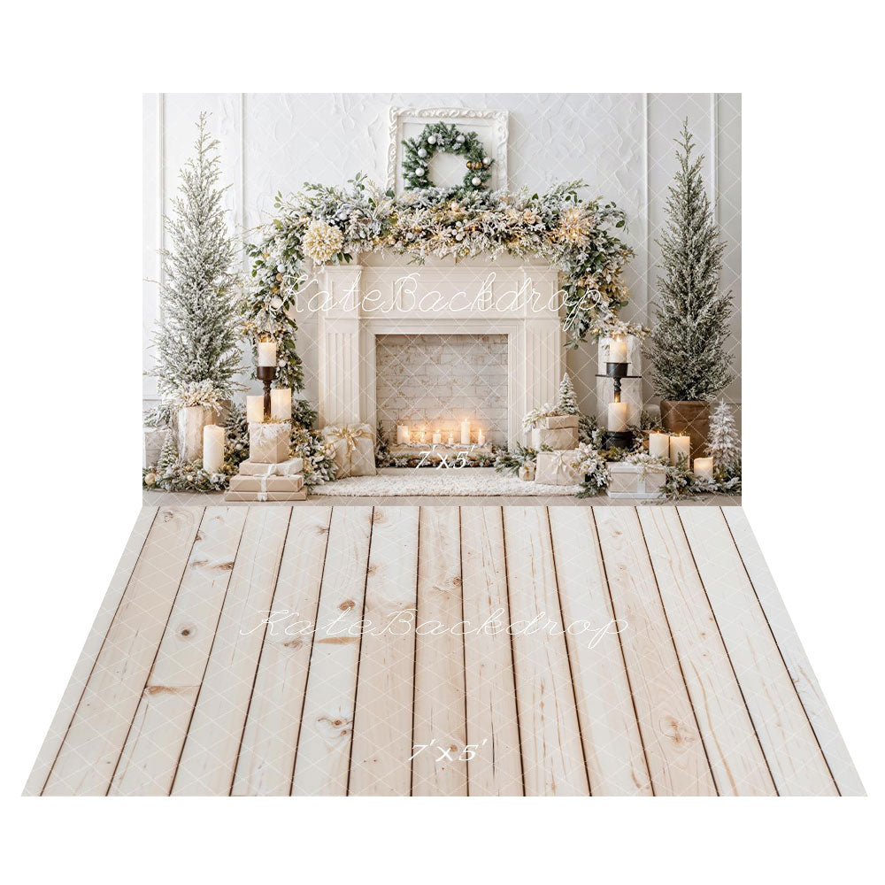 Kate Christmas Tree White Fireplace Backdrop+Wood Floor Backdrop
