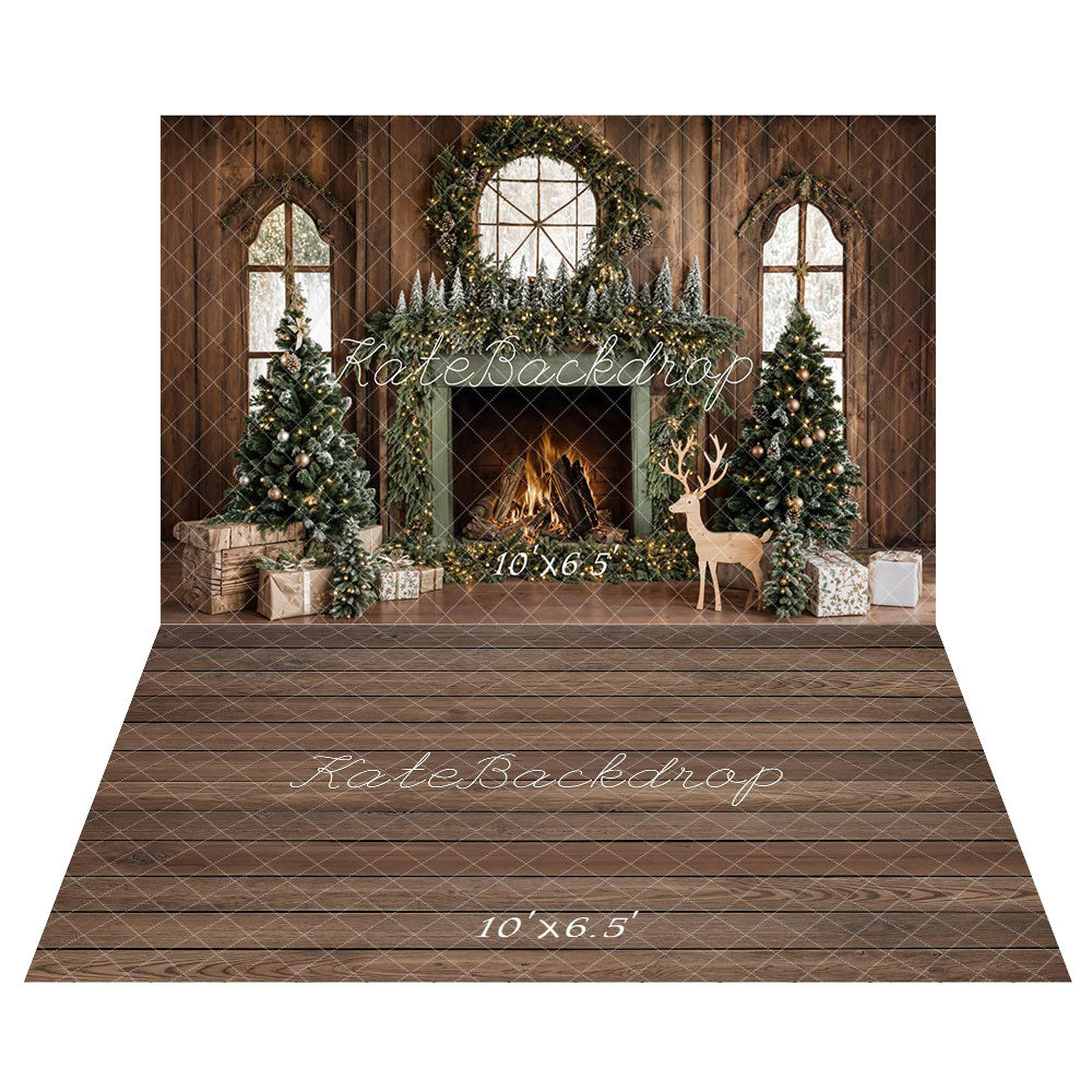 Kate Christmas Tree Fireplace Deer Backdrop+Wood Floor Backdrop