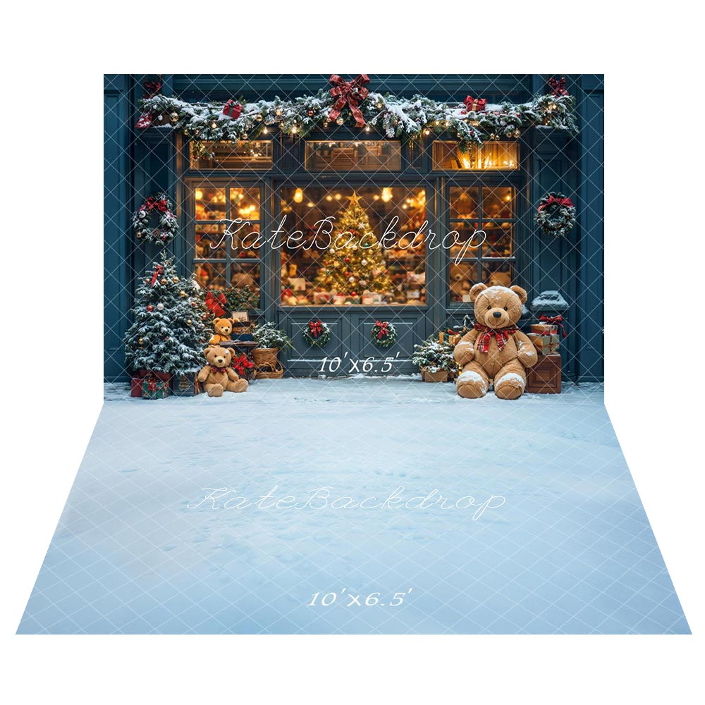 Kate Teddy Bear Store Christmas Tree Backdrop+Snow Floor Backdrop for Photography